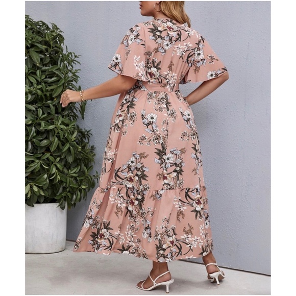 Plus Boho Pink Floral Print Butterly Sleeve Belted Maxi Dress - Picture 3 of 4